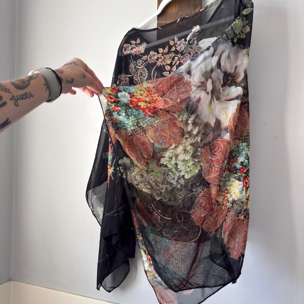 Boho Sheer Chiffon Poncho Top Womens One Size Black Floral Paisley Draped Blouse - Picture 3 of 16
